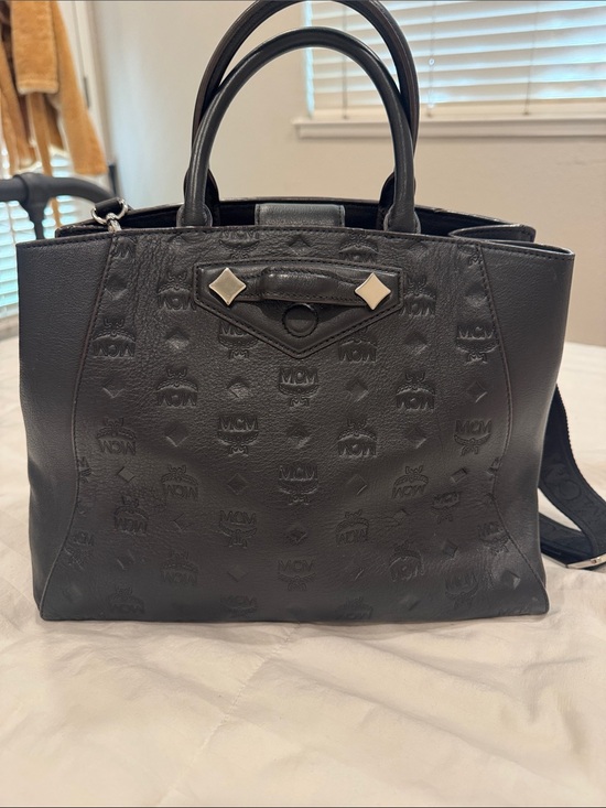 MCM Handbags - MCM Black Logo Leather Tote with Top Handles and shoulder strap